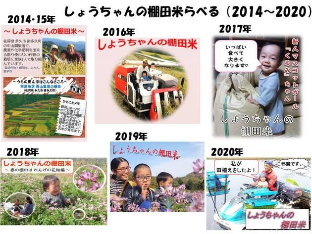 7_しょうちゃんの棚田米ラベル一覧（2014～2020）.jpg