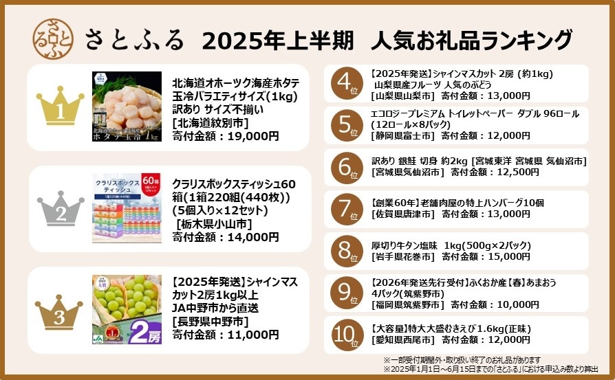 2025年上半期ふるさと納税人気お礼品ランキング