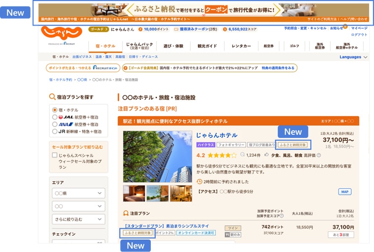 「じゃらんnet」上での「じゃらんふるさと納税クーポン」対象施設の掲載イメージ
