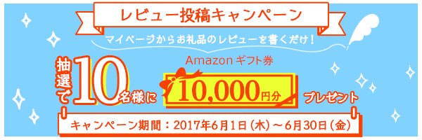 リンクボタン：「お礼品レビュー」を書いて【Amazonギフト券10,000円分】を当てよう♪