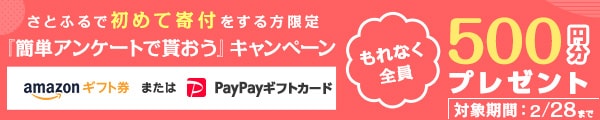 さとふるおよびさとふるアプリで一度も寄付の経験がない方限定 1回の寄付で1万円以上寄付をしたうえで簡単なアンケート(最短1分)にお答えいただいた方全員にAmazonギフト券またはPayPayギフトカード500円分をプレゼント