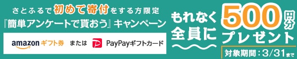 さとふるおよびさとふるアプリで一度も寄付の経験がない方限定 1回の寄付で1万円以上寄付をしたうえで簡単なアンケート(最短1分)にお答えいただいた方全員にAmazonギフト券またはPayPayギフトカード500円分をプレゼント