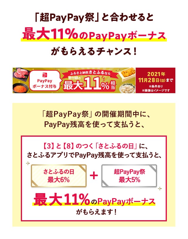 【ただいま開催中！】《超PayPay祭》 「さとふるの日キャンペーン」と合わせての参加で、PayPayボーナスが最大《合計11％》もらえます！