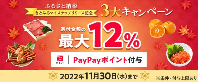 ◎さとふるマイステップリリース記念３大キャンペーン◎ 条件を満たすと、寄付金額に対して合計で最大《12%》(※)のPayPayポイントがもらえるキャンペーンを開催中！