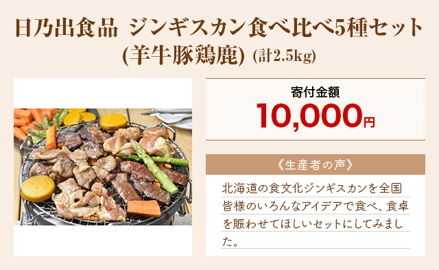 「日乃出食品 ジンギスカン食べ比べ5種セット(羊牛豚鶏鹿)」(計2.5kg)