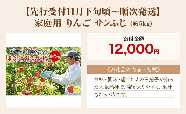「【先行受付11月下旬頃～順次発送】家庭用 りんご サンふじ」(約5kg)