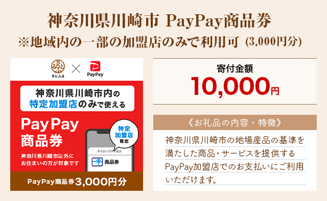 「神奈川県川崎市 PayPay商品券※地域内の一部の加盟店のみで利用可」(3,000円分)