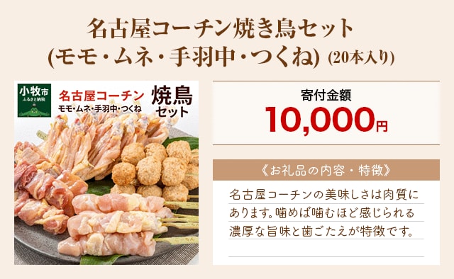 「名古屋コーチン焼き鳥セット(モモ・ムネ・手羽中・つくね)」(20本入り)