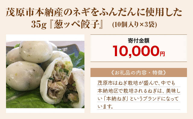 「茂原市本納産のネギをふんだんに使用した35g『葱ッペ餃子』」(10個入り×3袋)