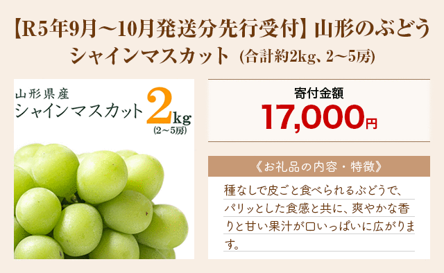 「【R5年9月～10月発送分先行受付】山形のぶどう シャインマスカット」(合計約2kg、2～5房)