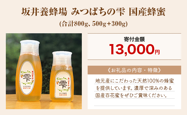 「坂井養蜂場 みつばちの雫 国産蜂蜜」(合計800g、500g＋300g)
