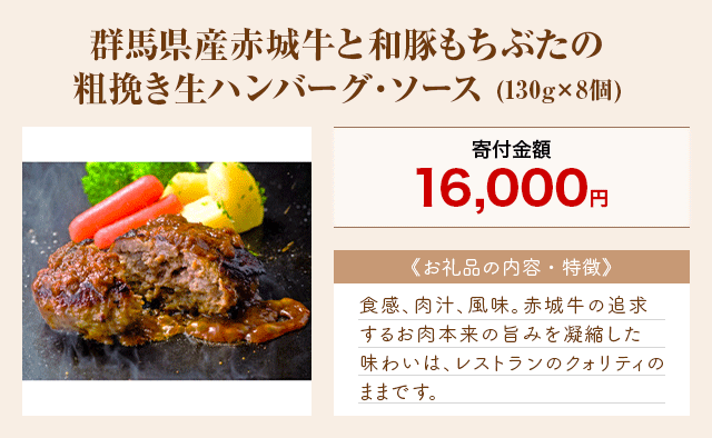 「群馬県産赤城牛と和豚もちぶたの粗挽き生ハンバーグ・ソース」(130g×8個)