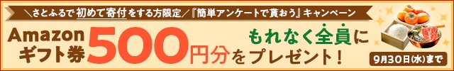 ＼9月の新規会員様＆さとふる会員様で今まで寄付を頂いた事がない方限定／1回の寄付で1万円以上寄付をしたうえで簡単なアンケートにお答えいただいた方全員に《Amazonギフト券500円分》をプレゼント