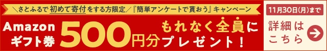 ＼2020年10月31日時点で、さとふるおよびさとふるアプリで一度も寄付の経験がない方限定／◎1回の寄付で1万円以上寄付をしたうえで簡単なアンケート(最短1分)にお答えいただいた方全員に《Amazonギフト券500円分》をプレゼント