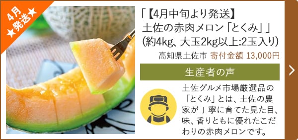 ★４月発送★「【4月中旬より発送】土佐の赤肉メロン「とくみ」」(約4kg、大玉2kg以上:2玉入り)/高知県土佐市 寄付金額 13,000円