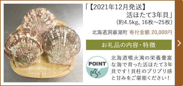 「【2021年12月発送】活ほたて3年貝」(約4.5kg、16枚～25枚)/北海道洞爺湖町（寄付金額 20,000円）