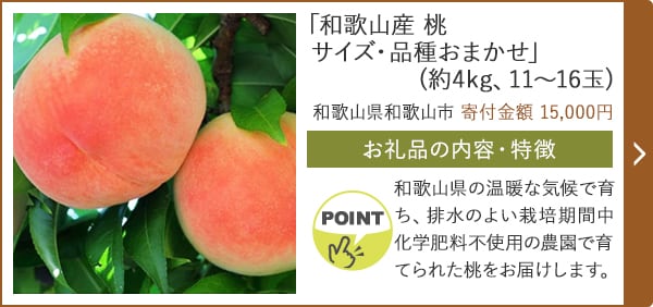 「和歌山産 桃 サイズ・品種おまかせ」(約4kg、11～16玉)/和歌山県和歌山市（寄付金額 15,000円）