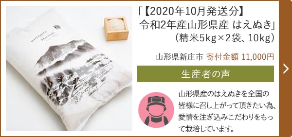 「【2020年10月発送分】令和2年産山形県産 はえぬき」(精米5kg×2袋、10kg)/山形県新庄市 寄付金額 11,000円