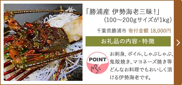 「勝浦産 伊勢海老三昧！」(100~200gサイズが1kg)/千葉県勝浦市 寄付金額 18,000円