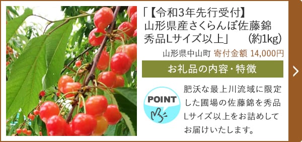 「【令和3年先行受付】山形県産さくらんぼ佐藤錦 秀品Lサイズ以上」(約1kg)/山形県中山町（寄付金額 14,000円）