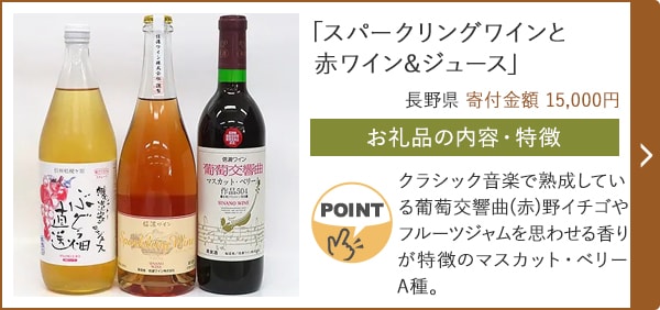 「スパークリングワインと赤ワイン&ジュース」/長野県 寄付金額 15,000円