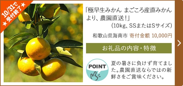 ★10/31で受付終了★「極早生みかん まごころ産直みかんより、農園直送！」(10kg、SSまたはSサイズ)/和歌山県海南市（寄付金額 10,000円）