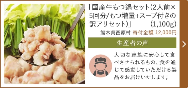 「国産牛もつ鍋セット(2人前×5回分/もつ増量+スープ付きの訳アリセット)」(1,100g)/熊本県西原村（寄付金額 12,000円）