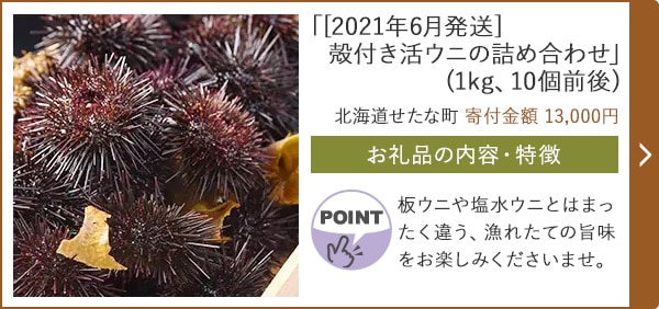 「[2021年6月発送]殻付き活ウニの詰め合わせ」(1kg、10個前後)/北海道せたな町（寄付金額 13,000円）