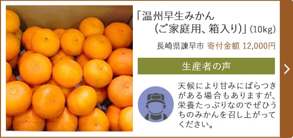 「温州早生みかん(ご家庭用、箱入り)」(10kg)/長崎県諫早市（寄付金額 12,000円）
