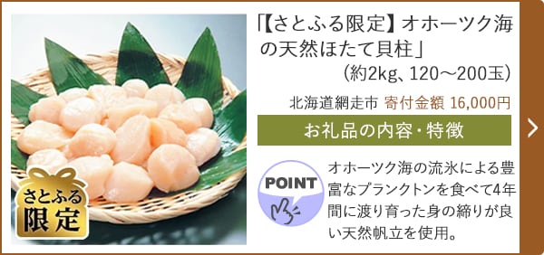 「【さとふる限定】オホーツク海の天然ほたて貝柱」(2kg、120~200玉)/北海道網走市 寄付金額 16,000円
