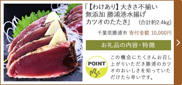 「【わけあり】大きさ不揃い 無添加 勝浦港水揚げカツオのたたき」(合計約2.4kg)/千葉県勝浦市（寄付金額 10,000円）