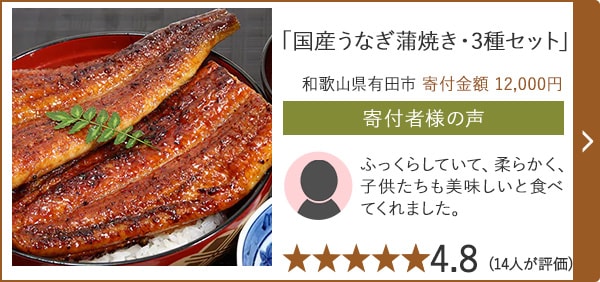 【★評価４．８(１４人が評価)】「国産うなぎ蒲焼き・3種セット」/和歌山県有田市 寄付金額 12,000円