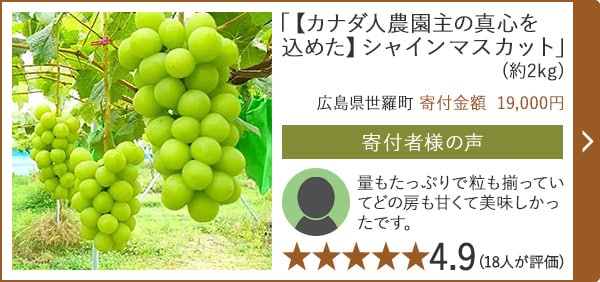 【★４．９(１８人が評価)】「【カナダ人農園主の真心を込めた】シャインマスカット」(約2kg)/広島県世羅町（寄付金額 19,000円）