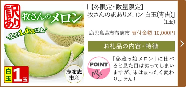 「【冬限定・数量限定】牧さんの訳ありメロン 白玉(青肉)」(1玉）/鹿児島県志布志市（寄付金額 10,000円）