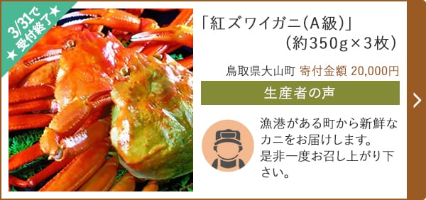 ★3/31で受付終了★「紅ズワイガニ(A級)」(約350g×3枚)/鳥取県大山町（寄付金額 20,000円）