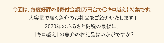 今回は、毎度好評の【寄付金額1万円台で〇キロ越え】特集です。大容量で届く魚介のお礼品をご紹介いたします！2020年のふるさと納税の最後に、「キロ越え」の魚介のお礼品はいかがですか？