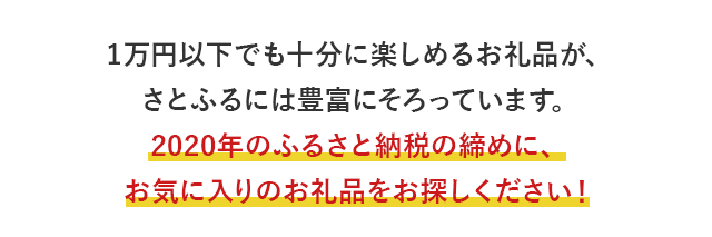 1万円以下でも十分に楽しめるお礼品が、さとふるには豊富にそろっています。2020年のふるさと納税の締めに、お気に入りのお礼品をお探しください！