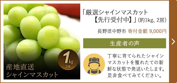 「厳選シャインマスカット【先行受付中】」(約1kg、2房)/長野県中野市（寄付金額 9,000円）
