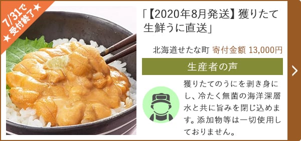 「【2020年8月発送】獲りたて生鮮うに直送」/北海道せたな町 寄付金額 13,000円