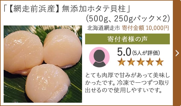 【★評価５．０(５人が評価)】「【網走前浜産】無添加ホタテ貝柱」(500g、250gパック×2)/北海道網走市 寄付金額 10,000円