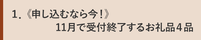 １．《申し込むなら今！》１１月で受付終了するお礼品４品