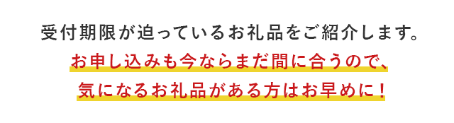 受付期限が迫っているお礼品をご紹介します。お申し込みも今ならまだ間に合うので、気になるお礼品がある方はお早めに！
