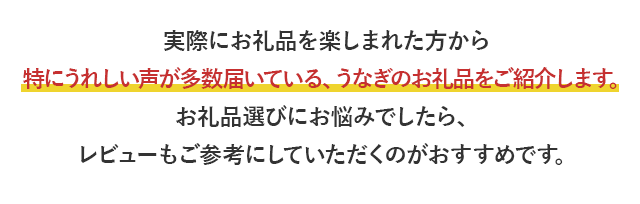 実際にお礼品を楽しまれた方から特にうれしい声が多数届いている、うなぎののお礼品をご紹介します。お礼品選びにお悩みでしたら、レビューもご参考にするのがおすすめです。