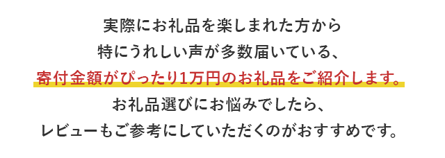 実際にお礼品を楽しまれた方から特にうれしい声が多数届いている、寄付金額がぴったり1万円のお礼品をご紹介します。お礼品選びにお悩みでしたら、レビューもご参考にしていただくのがおすすめです。