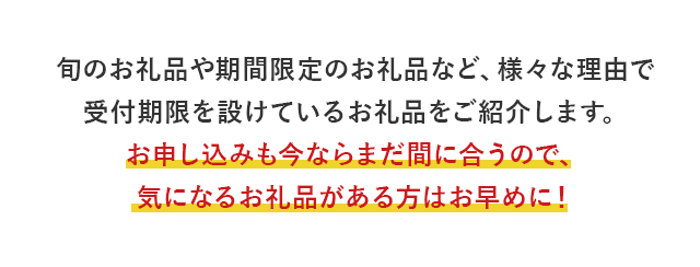 旬のお礼品や期間限定のお礼品など、様々な理由で受付期限を設けているお礼品をご紹介します。お申し込みも今ならまだ間に合うので、気になるお礼品がある方はお早めに！