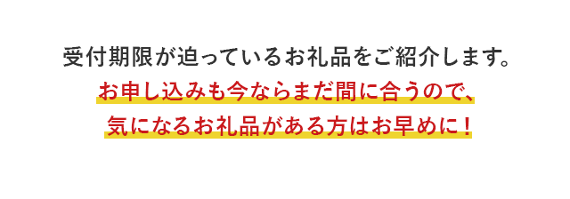 受付期限が迫っているお礼品をご紹介します。お申し込みも今ならまだ間に合うので、気になるお礼品がある方はお早めに！