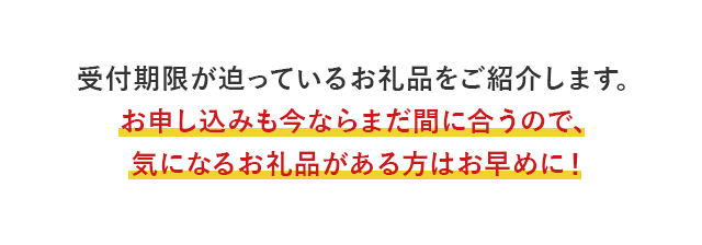 受付期限が迫っているお礼品をご紹介します。お申し込みも今ならまだ間に合うので、気になるお礼品がある方はお早めに！