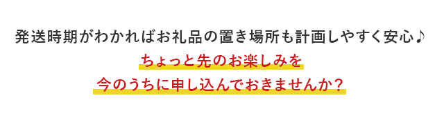 発送時期がわかればお礼品の置き場所も計画しやすく安心♪ちょっと先のお楽しみを今のうちに申し込んでおきませんか？