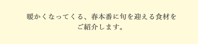 暖かくなってくる、春本番に旬を迎える食材をご紹介します。
