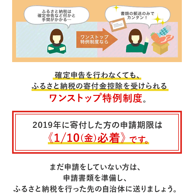 確定申告を行わなくても、ふるさと納税の寄付金控除を受けられるワンストップ特例制度。
2019年に寄付した方の申請期限は《1/10(金)必着》です。
まだ申請をしていない方は、申請書類を準備し、ふるさと納税を行った先の自治体に送りましょう。